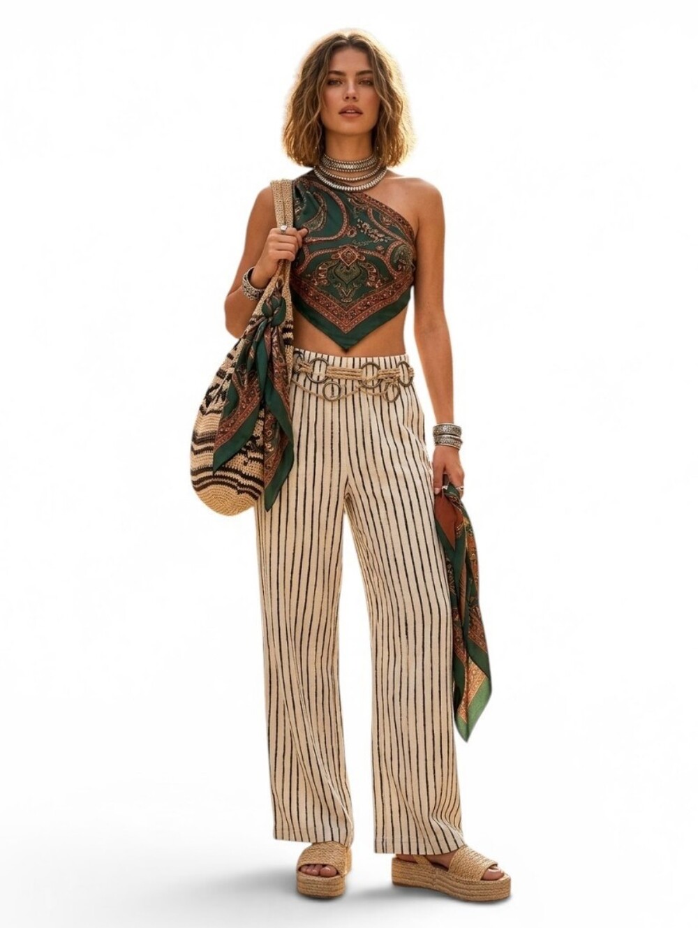 Solito Rayon/Cotton Striped Wide-Leg Lounge Pants  SZ L- Black/Cream Stripes